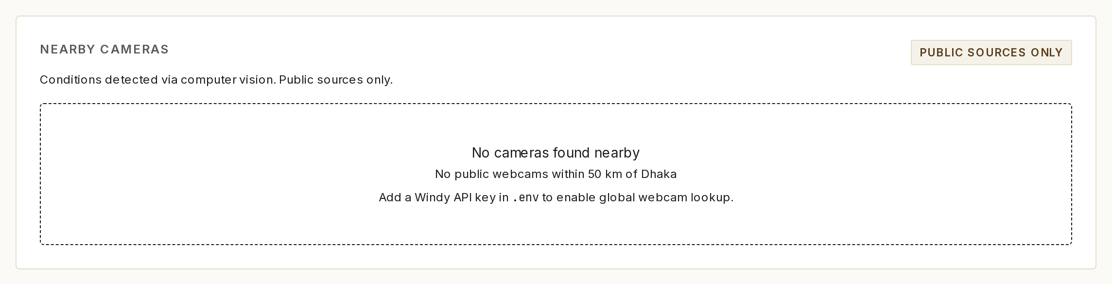 Cameras section showing the empty state.